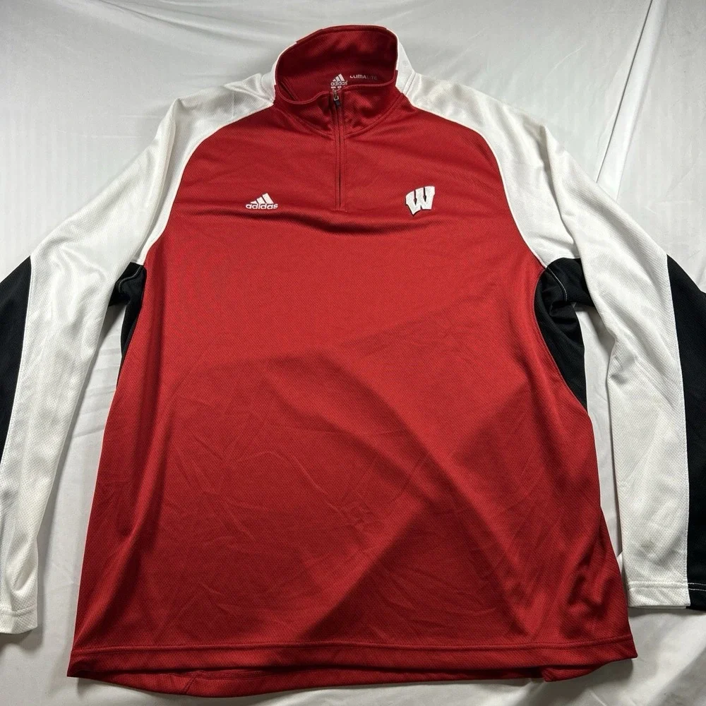Wisconsin Badgers Sweater Men Extra Large Red White Adidas Climalite 1/4 Zip XL